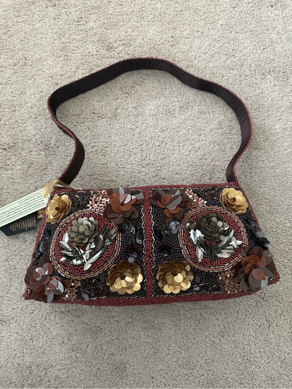 FINAL PRICE - Floral Beaded Shoulder Bag - Brown